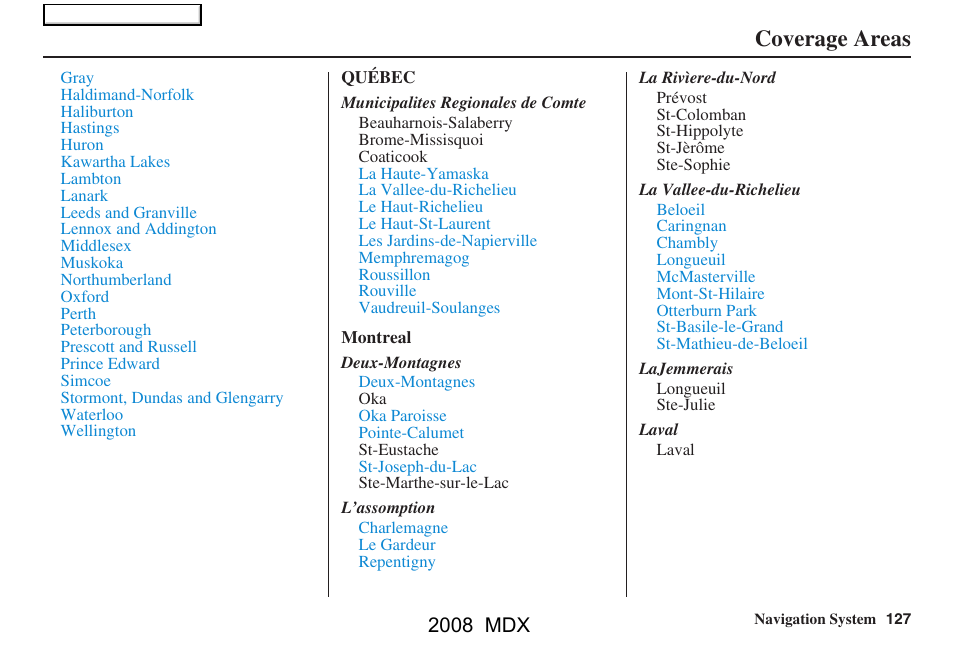 Coverage areas, 2008 mdx | Acura 2008 MDX Navigation User Manual | Page 127 / 171