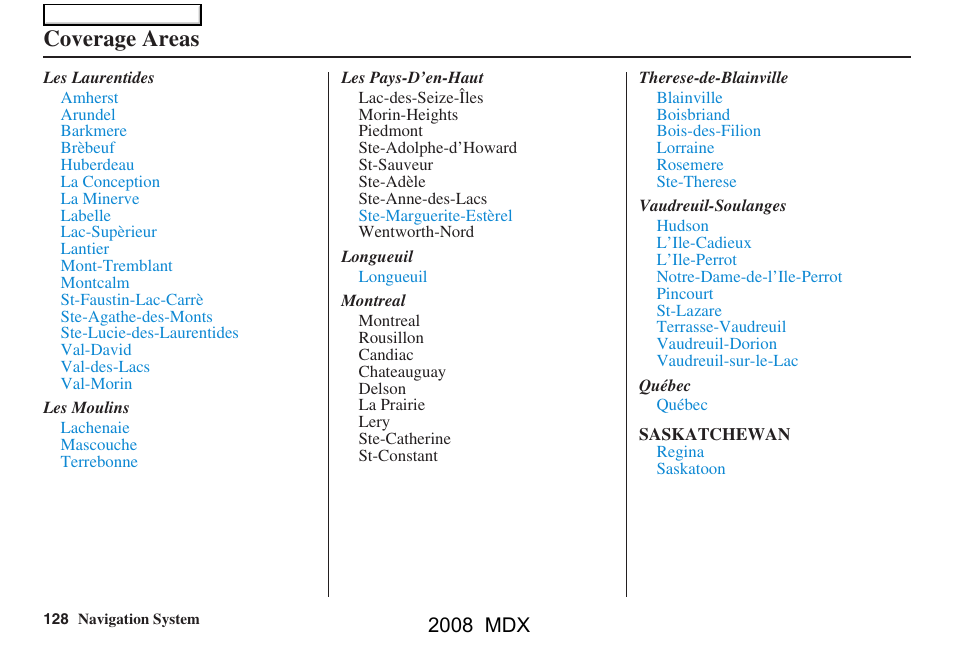 Coverage areas, 2008 mdx | Acura 2008 MDX Navigation User Manual | Page 128 / 171