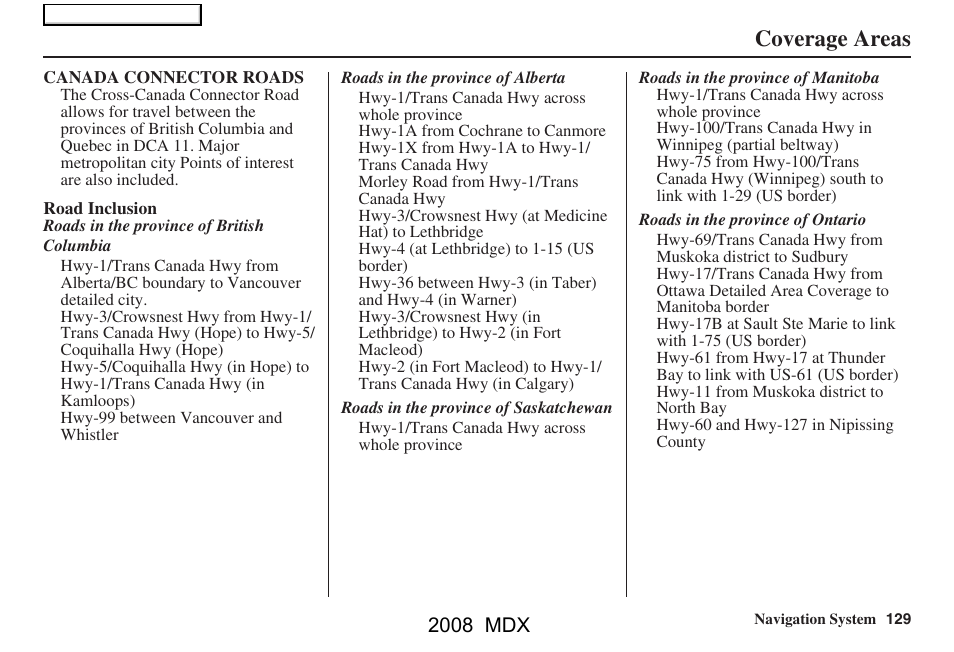 Coverage areas, 2008 mdx | Acura 2008 MDX Navigation User Manual | Page 129 / 171