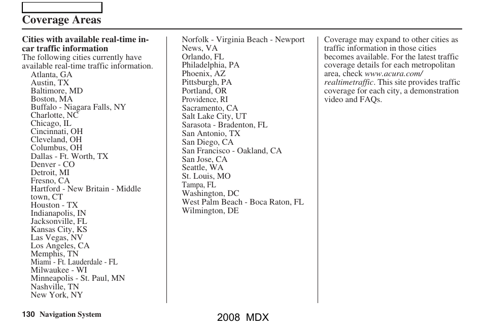 Coverage areas | Acura 2008 MDX Navigation User Manual | Page 130 / 171