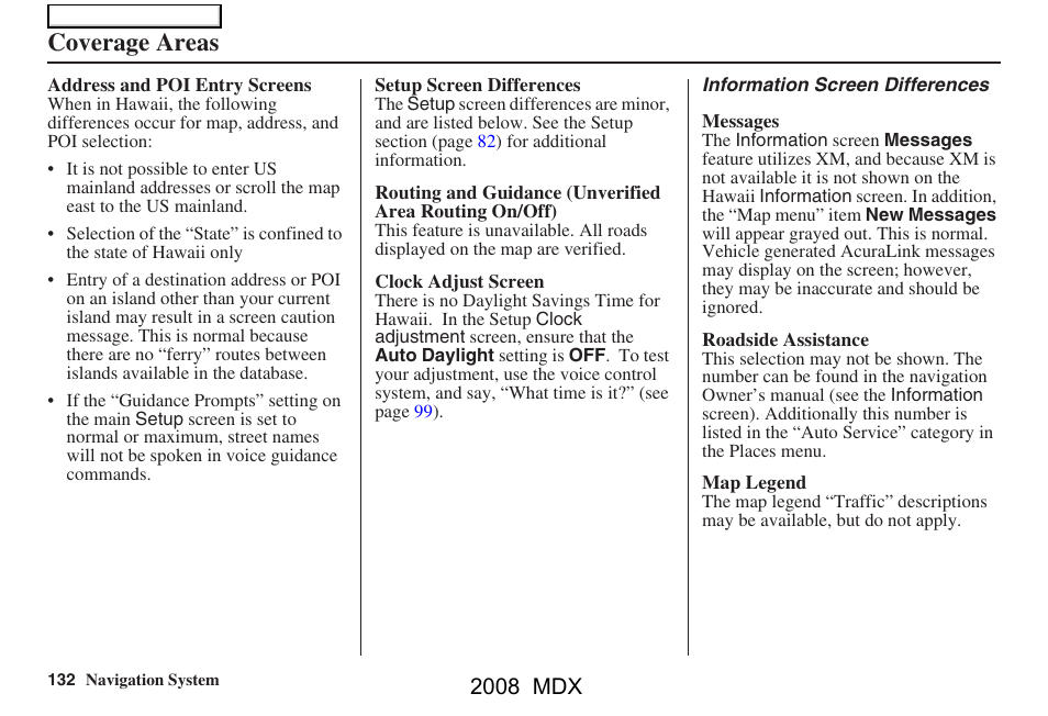 Coverage areas, 2008 mdx | Acura 2008 MDX Navigation User Manual | Page 132 / 171