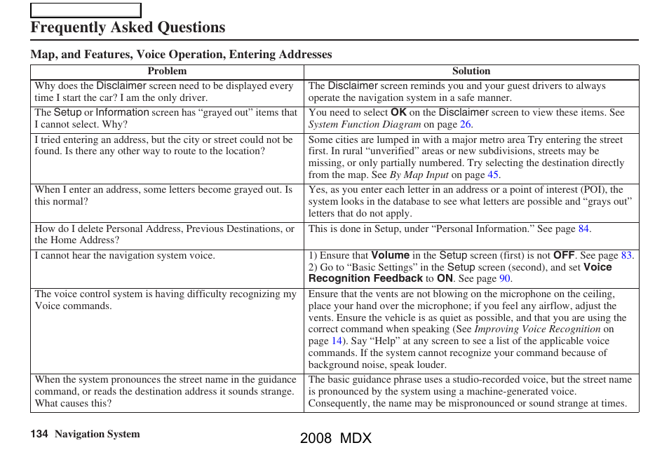 Frequently asked questions, 2008 mdx | Acura 2008 MDX Navigation User Manual | Page 134 / 171