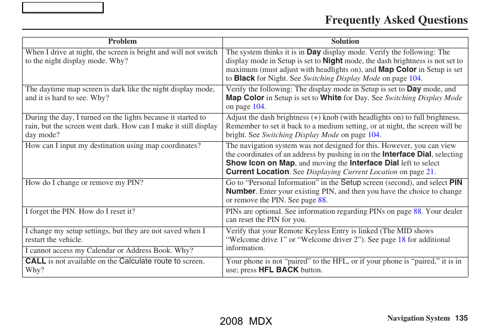 Frequently asked questions, 2008 mdx | Acura 2008 MDX Navigation User Manual | Page 135 / 171