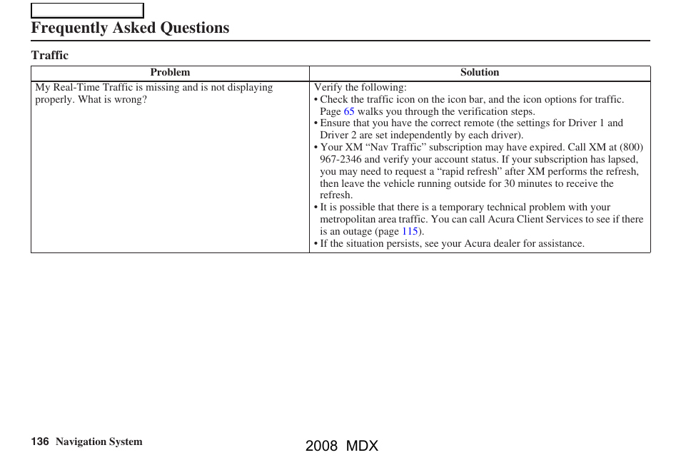 Frequently asked questions, 2008 mdx | Acura 2008 MDX Navigation User Manual | Page 136 / 171