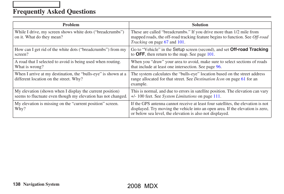 Frequently asked questions, 2008 mdx | Acura 2008 MDX Navigation User Manual | Page 138 / 171