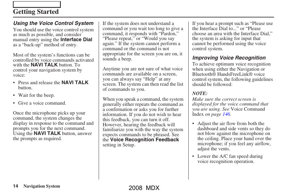 Getting started, 2008 mdx | Acura 2008 MDX Navigation User Manual | Page 14 / 171