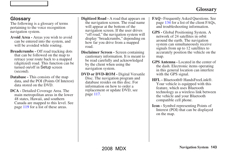 Glossary, 2008 mdx | Acura 2008 MDX Navigation User Manual | Page 143 / 171