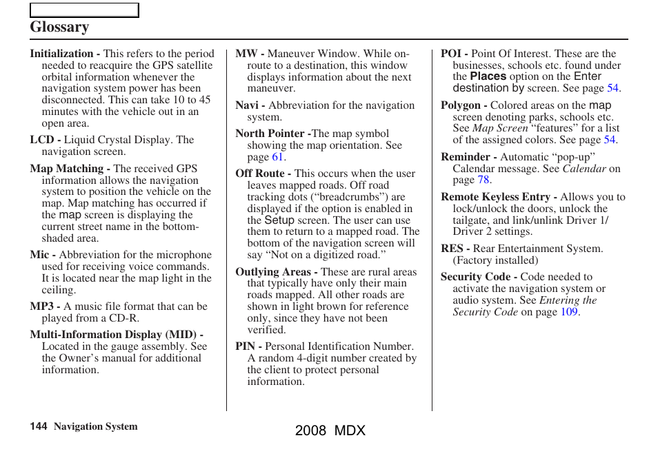 Glossary, 2008 mdx | Acura 2008 MDX Navigation User Manual | Page 144 / 171