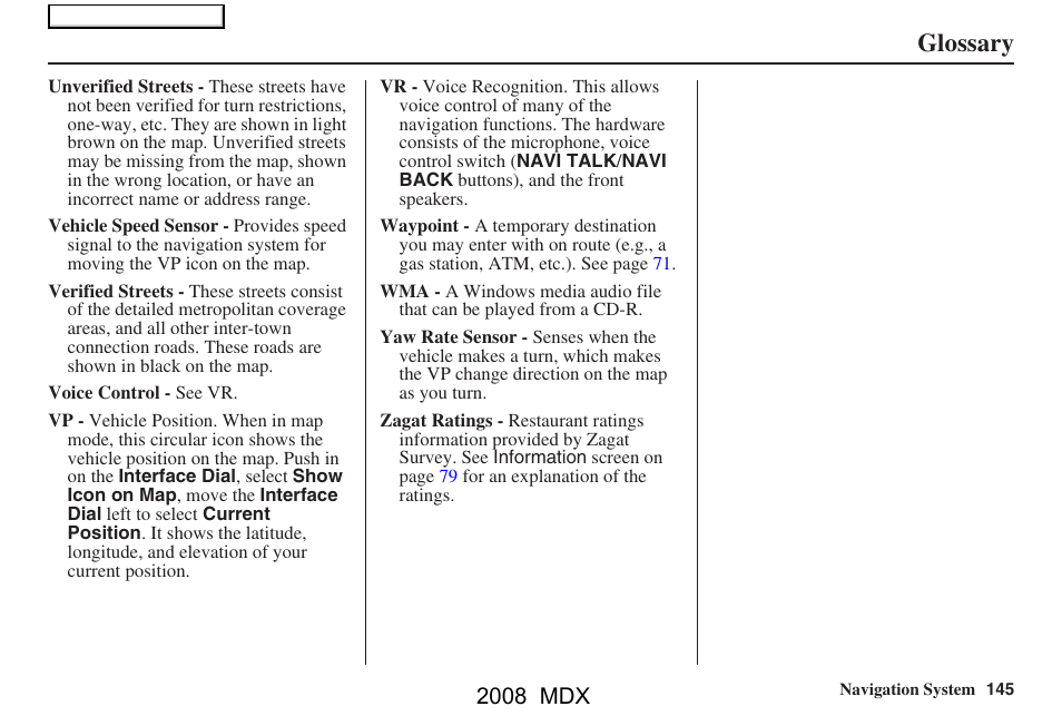 Glossary, 2008 mdx | Acura 2008 MDX Navigation User Manual | Page 145 / 171