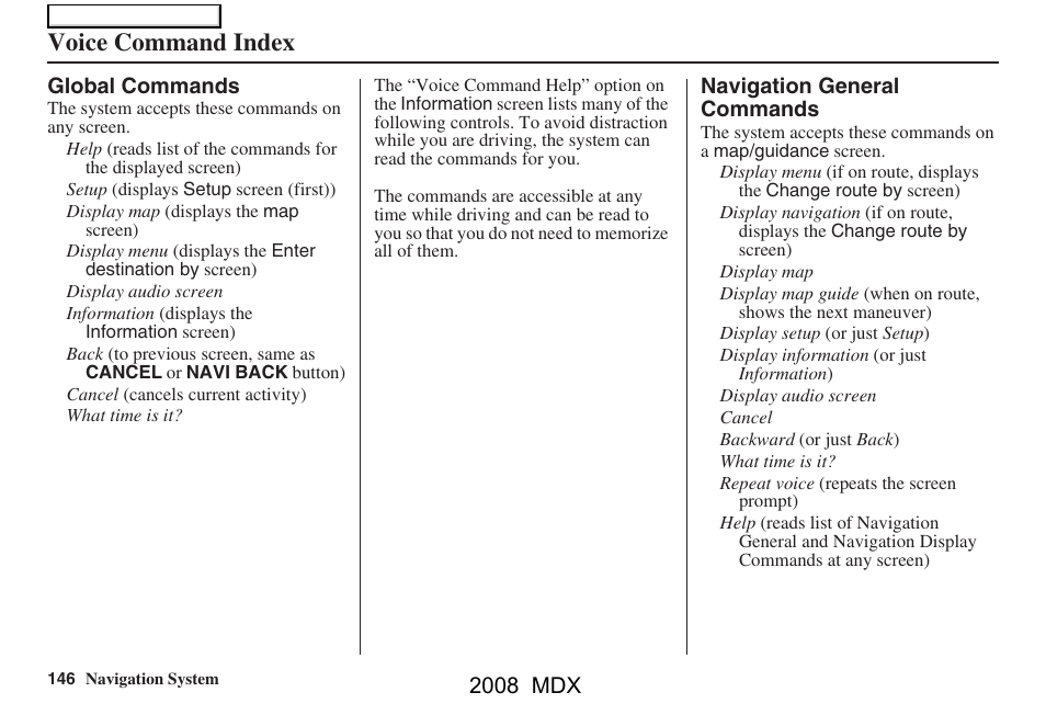 Voice command index, 2008 mdx | Acura 2008 MDX Navigation User Manual | Page 146 / 171