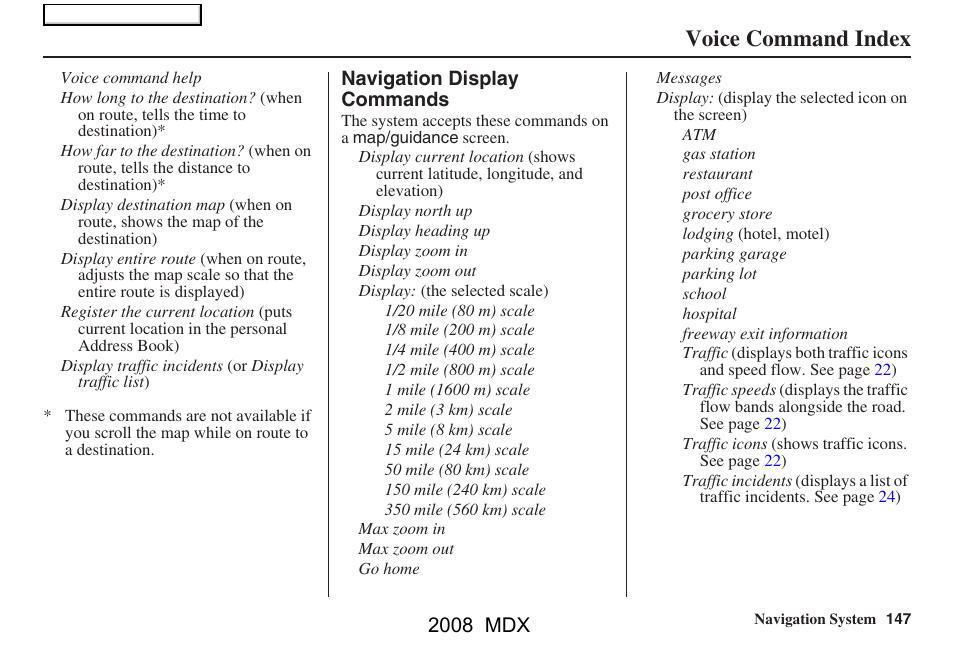 Voice command index, 2008 mdx | Acura 2008 MDX Navigation User Manual | Page 147 / 171