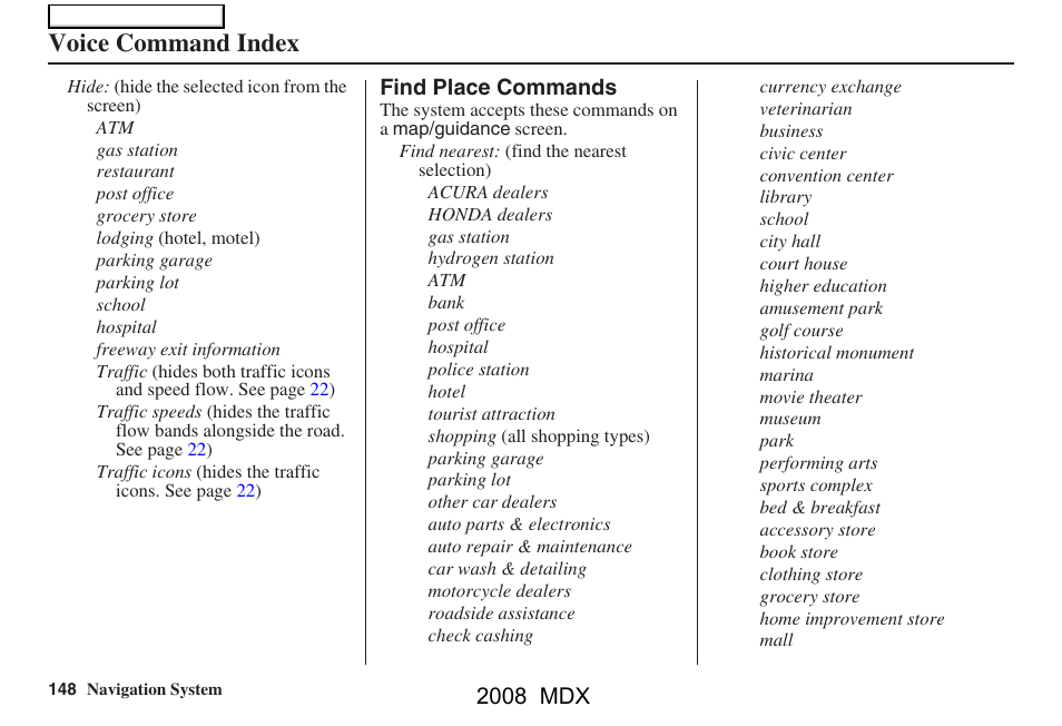 Voice command index, 2008 mdx | Acura 2008 MDX Navigation User Manual | Page 148 / 171