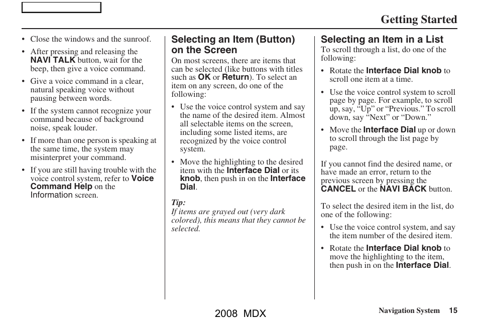 Getting started, 2008 mdx | Acura 2008 MDX Navigation User Manual | Page 15 / 171