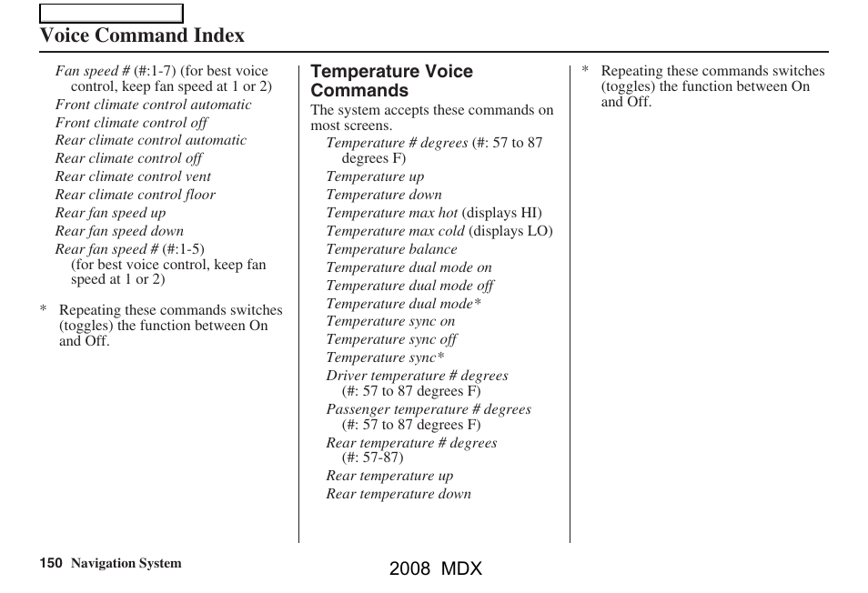 Voice command index, 2008 mdx | Acura 2008 MDX Navigation User Manual | Page 150 / 171