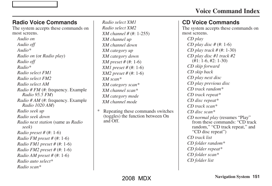 Voice command index, 2008 mdx | Acura 2008 MDX Navigation User Manual | Page 151 / 171