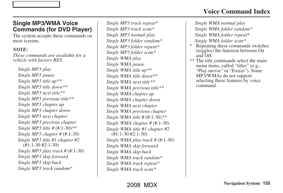 Voice command index, 2008 mdx | Acura 2008 MDX Navigation User Manual | Page 155 / 171