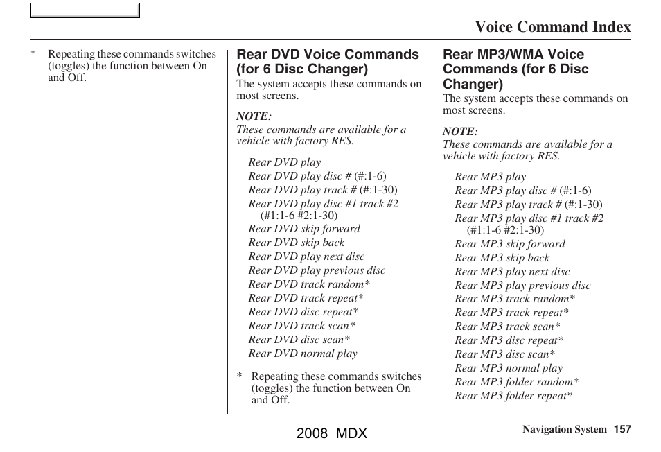 Voice command index, 2008 mdx | Acura 2008 MDX Navigation User Manual | Page 157 / 171