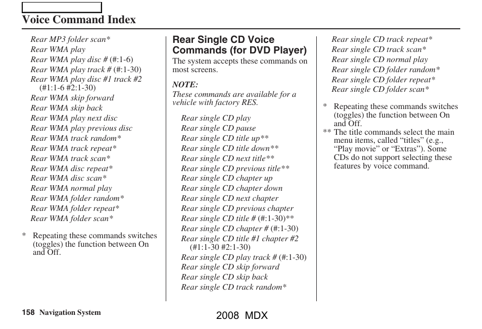 Voice command index, 2008 mdx | Acura 2008 MDX Navigation User Manual | Page 158 / 171