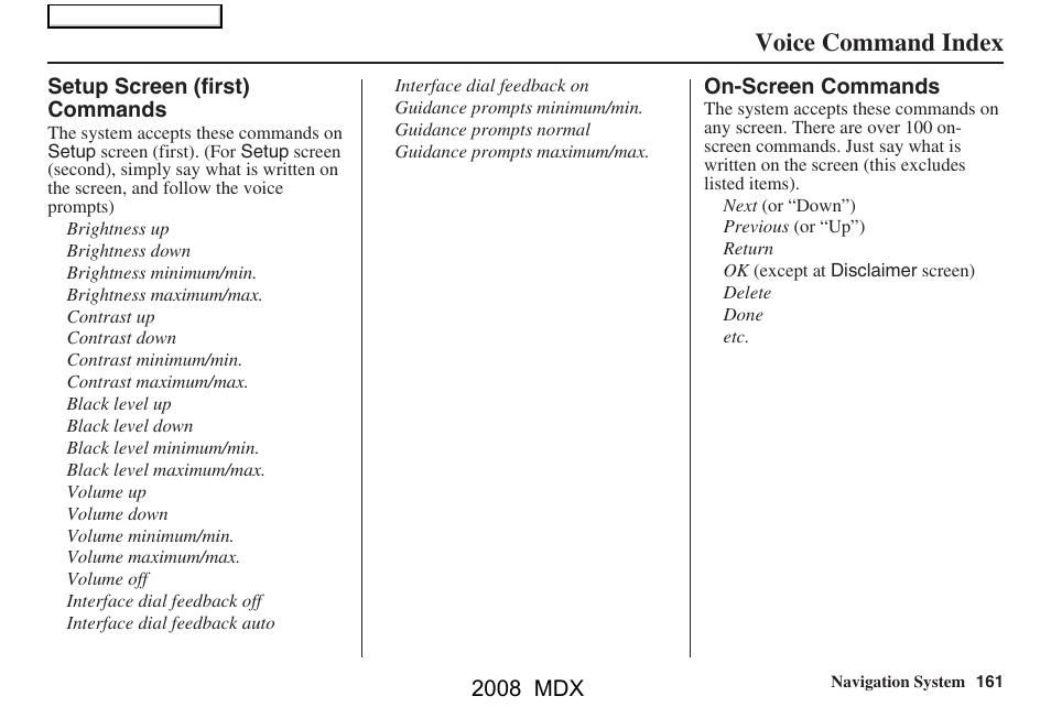 Voice command index | Acura 2008 MDX Navigation User Manual | Page 161 / 171