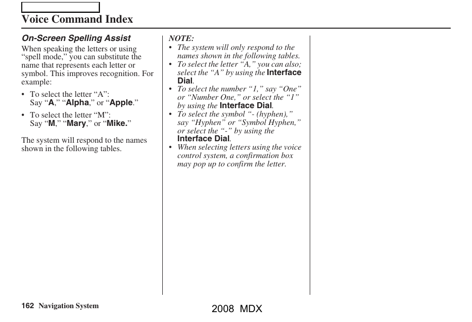 Voice command index, 2008 mdx | Acura 2008 MDX Navigation User Manual | Page 162 / 171