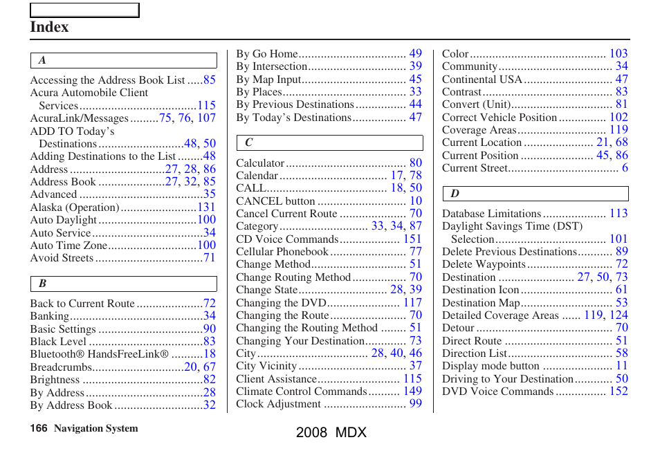 Index | Acura 2008 MDX Navigation User Manual | Page 166 / 171