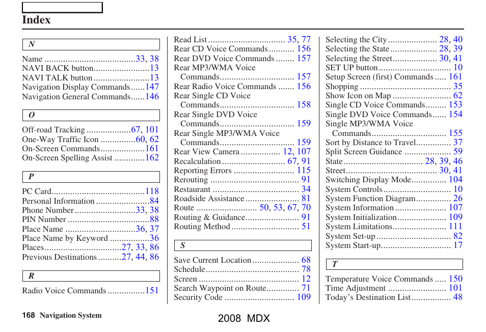 Index | Acura 2008 MDX Navigation User Manual | Page 168 / 171