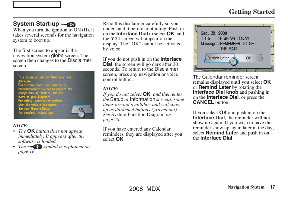 Getting started, 2008 mdx | Acura 2008 MDX Navigation User Manual | Page 17 / 171