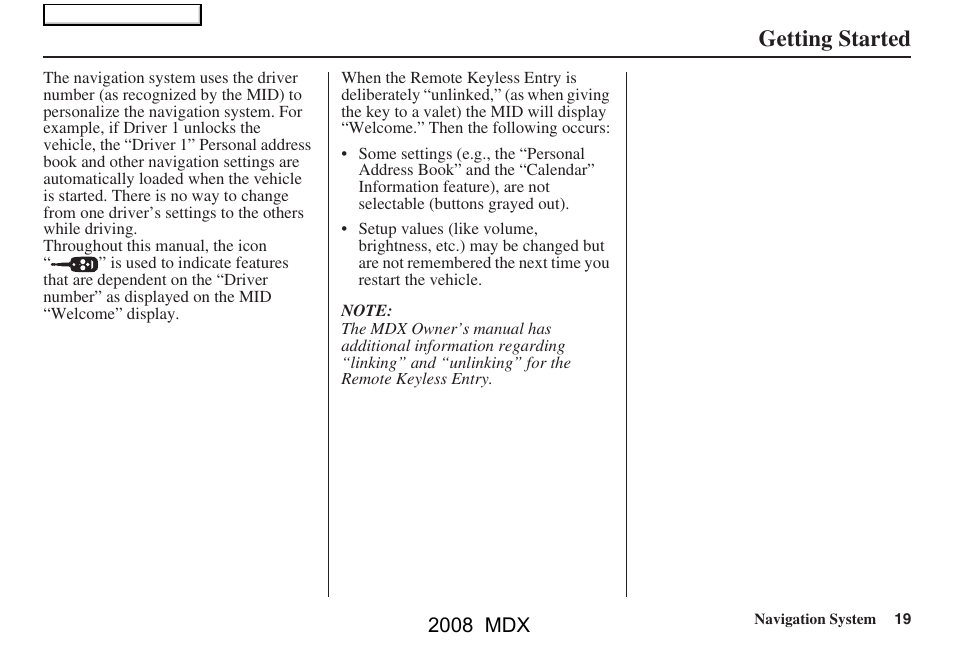 Getting started, 2008 mdx | Acura 2008 MDX Navigation User Manual | Page 19 / 171