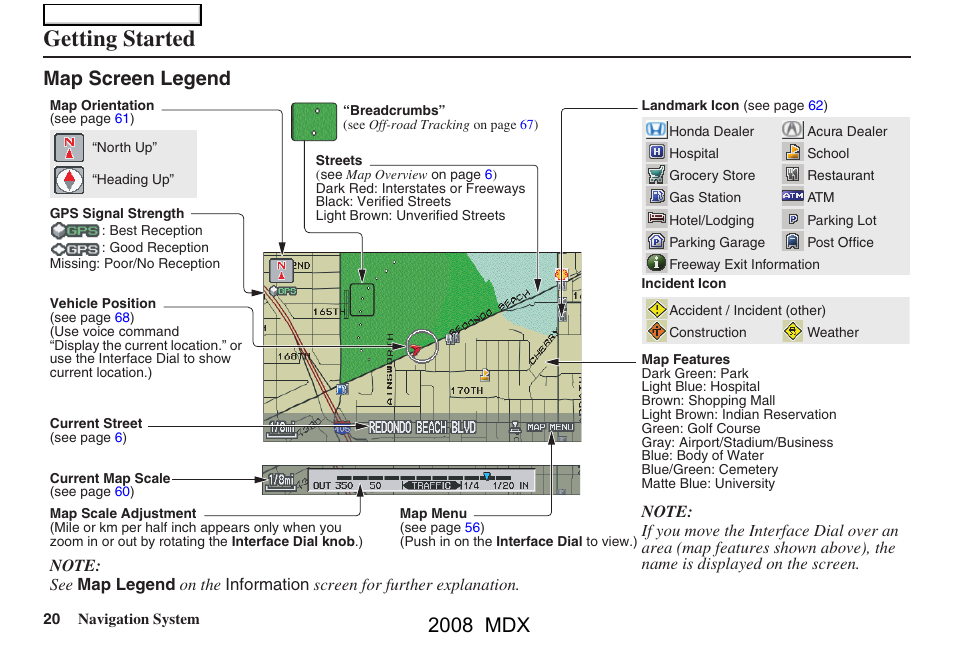 Getting started, 2008 mdx, Map screen legend | Acura 2008 MDX Navigation User Manual | Page 20 / 171