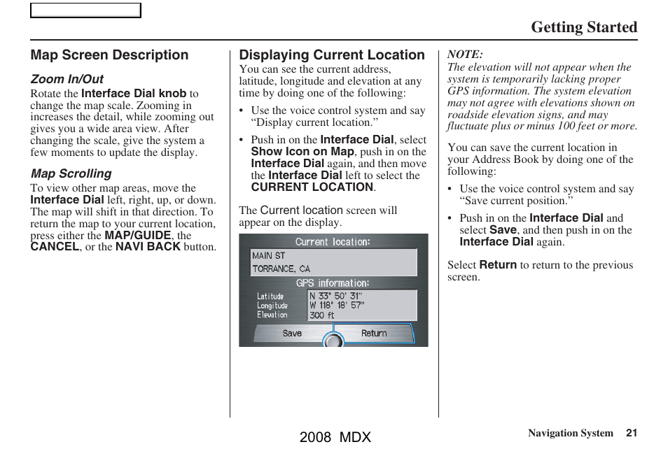 Getting started, 2008 mdx | Acura 2008 MDX Navigation User Manual | Page 21 / 171