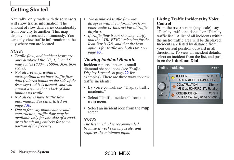 Getting started, 2008 mdx | Acura 2008 MDX Navigation User Manual | Page 24 / 171