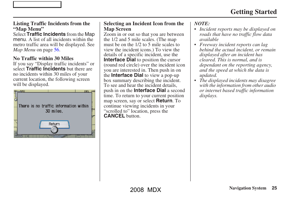 Getting started, 2008 mdx | Acura 2008 MDX Navigation User Manual | Page 25 / 171