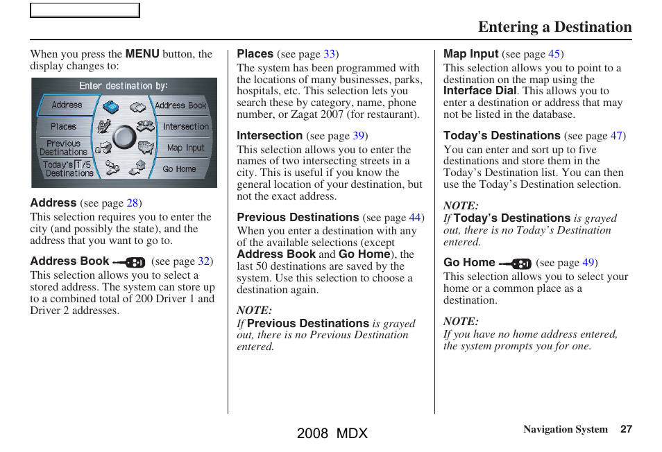 Entering a destination, 2008 mdx | Acura 2008 MDX Navigation User Manual | Page 27 / 171