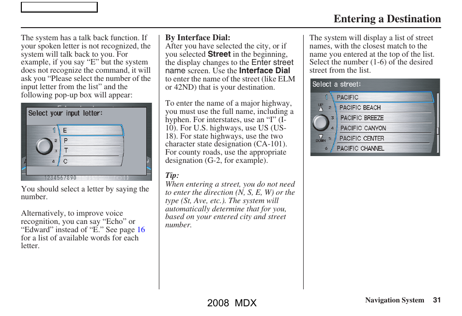 Entering a destination, 2008 mdx | Acura 2008 MDX Navigation User Manual | Page 31 / 171