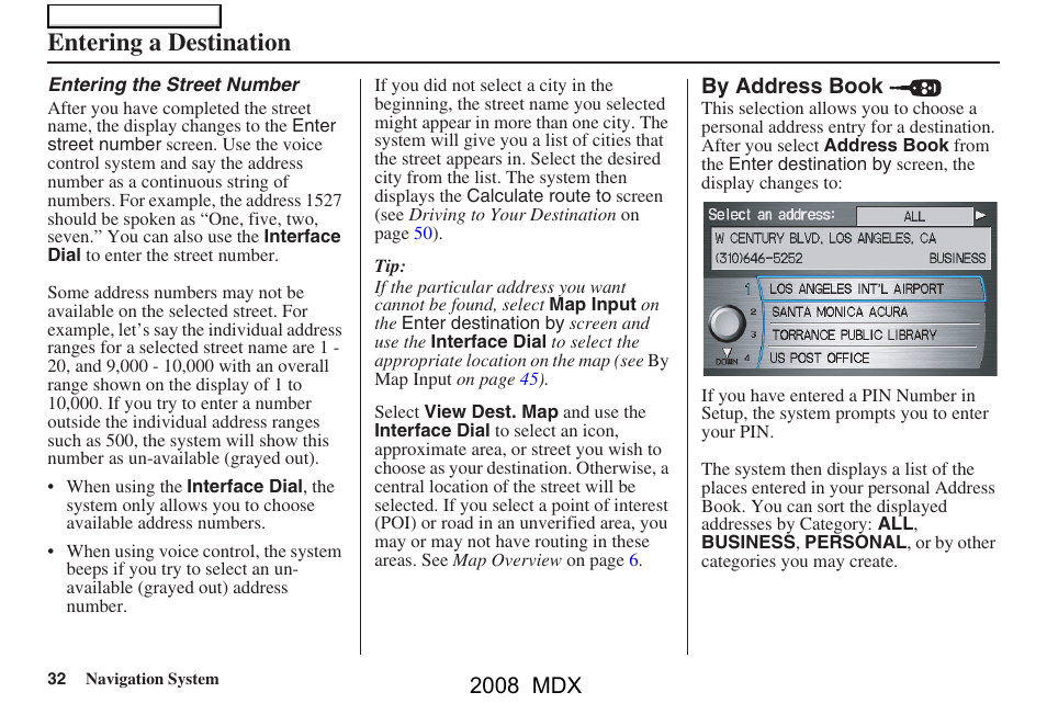 Entering a destination, 2008 mdx | Acura 2008 MDX Navigation User Manual | Page 32 / 171