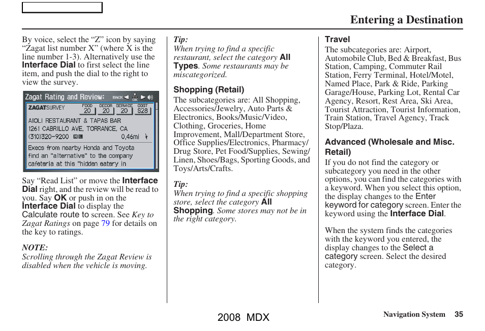 Entering a destination, 2008 mdx | Acura 2008 MDX Navigation User Manual | Page 35 / 171