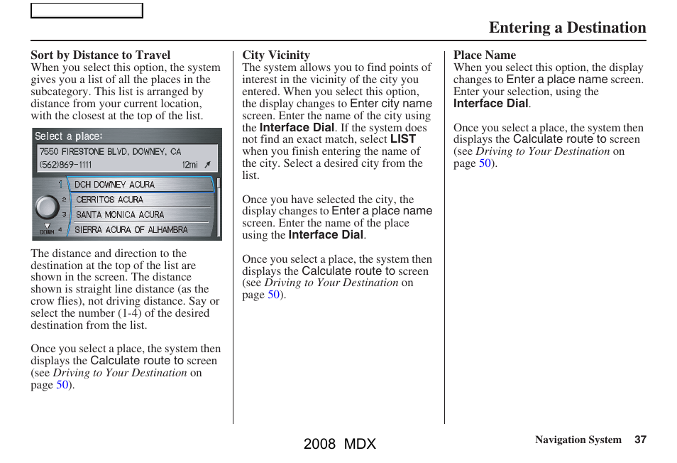 Entering a destination, 2008 mdx | Acura 2008 MDX Navigation User Manual | Page 37 / 171