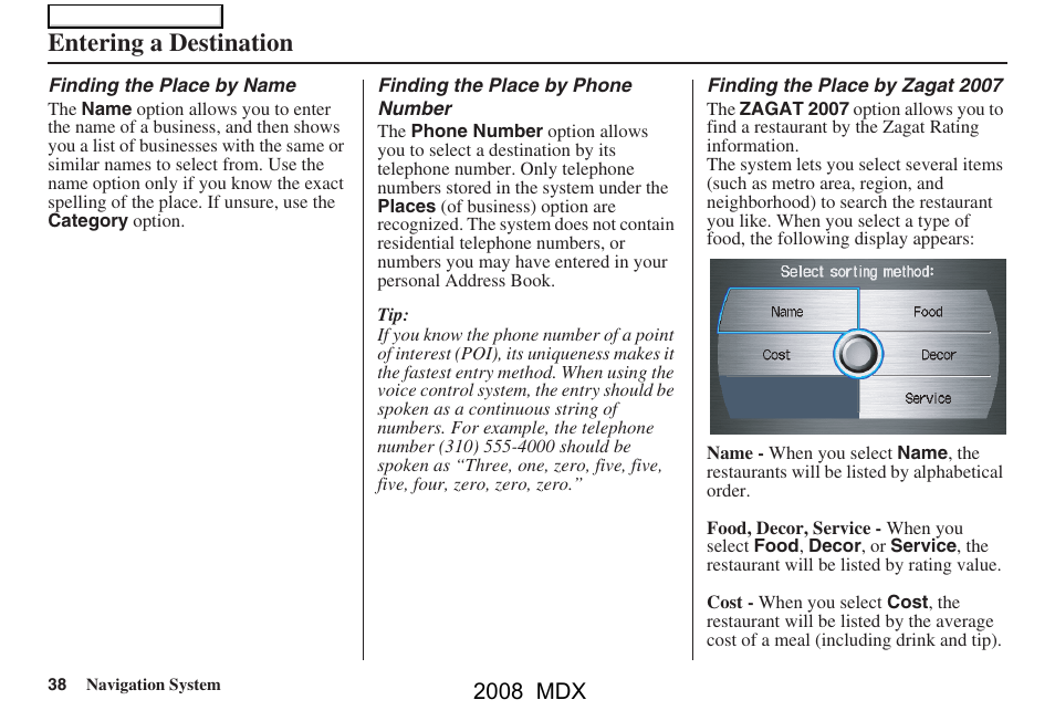 Entering a destination, 2008 mdx | Acura 2008 MDX Navigation User Manual | Page 38 / 171