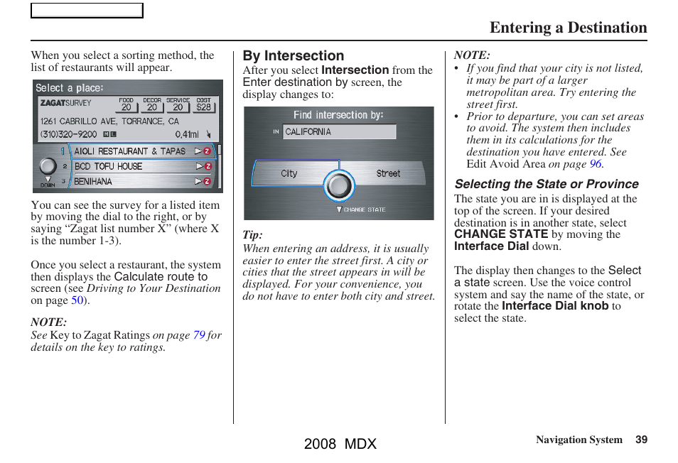 Entering a destination, 2008 mdx | Acura 2008 MDX Navigation User Manual | Page 39 / 171