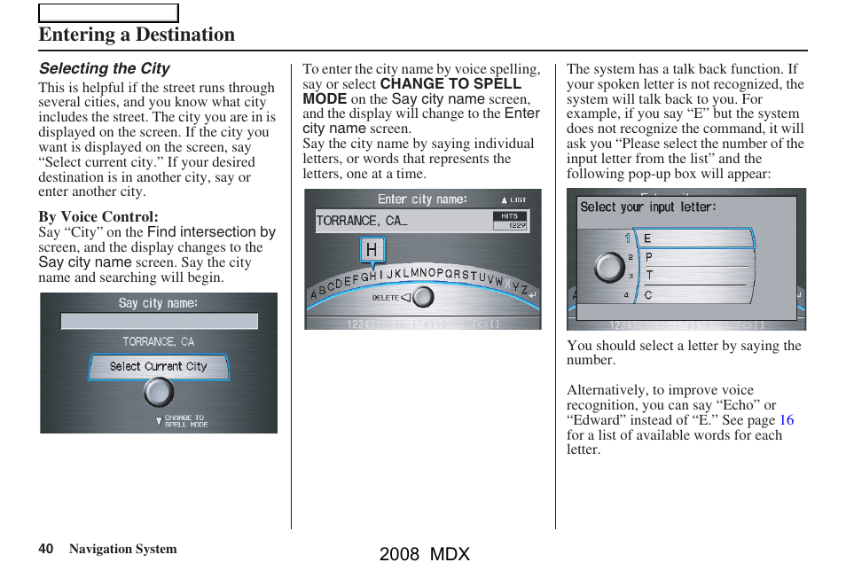 Entering a destination, 2008 mdx | Acura 2008 MDX Navigation User Manual | Page 40 / 171