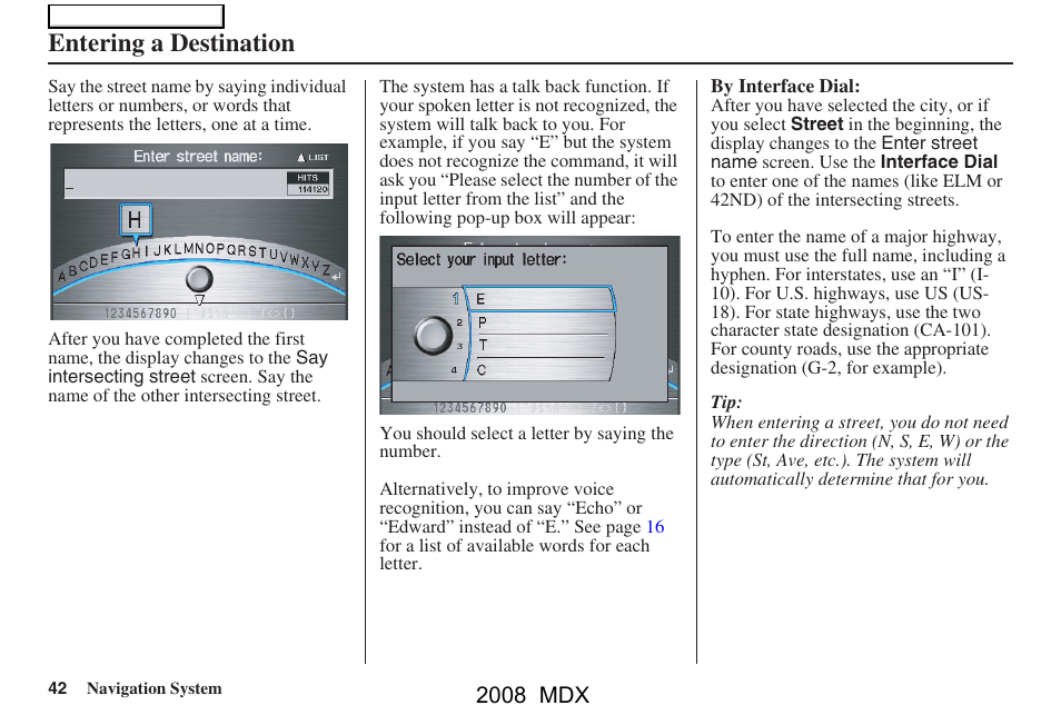 Entering a destination, 2008 mdx | Acura 2008 MDX Navigation User Manual | Page 42 / 171