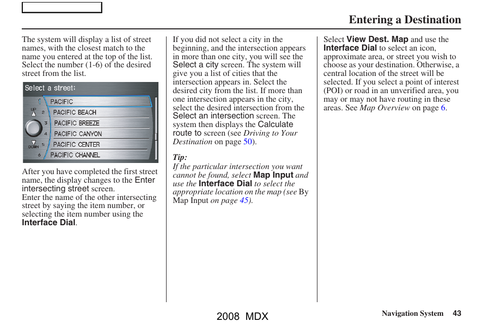 Entering a destination, 2008 mdx | Acura 2008 MDX Navigation User Manual | Page 43 / 171