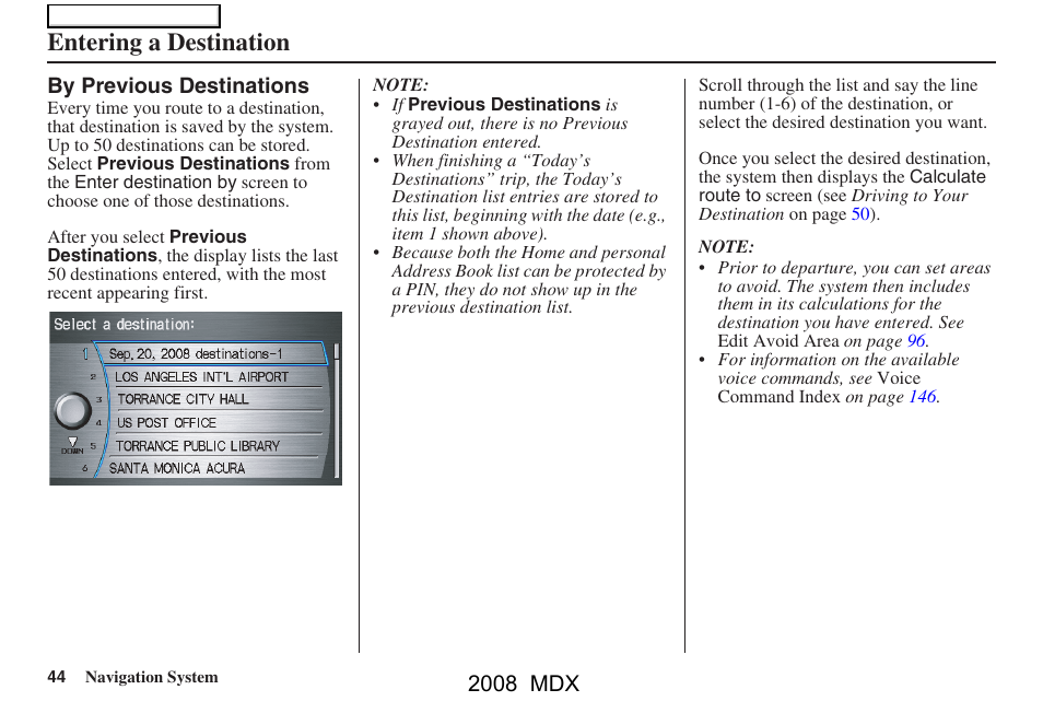 Entering a destination, 2008 mdx | Acura 2008 MDX Navigation User Manual | Page 44 / 171