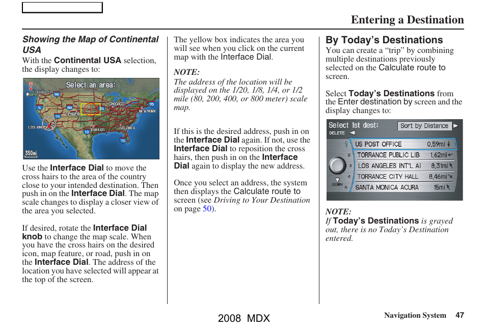 Entering a destination, 2008 mdx | Acura 2008 MDX Navigation User Manual | Page 47 / 171