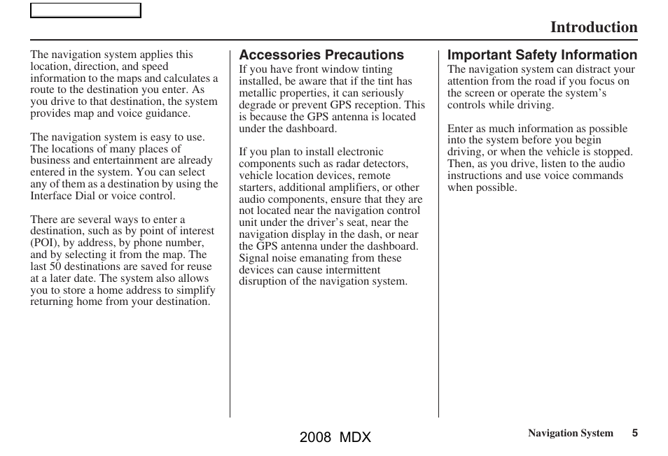 Introduction | Acura 2008 MDX Navigation User Manual | Page 5 / 171