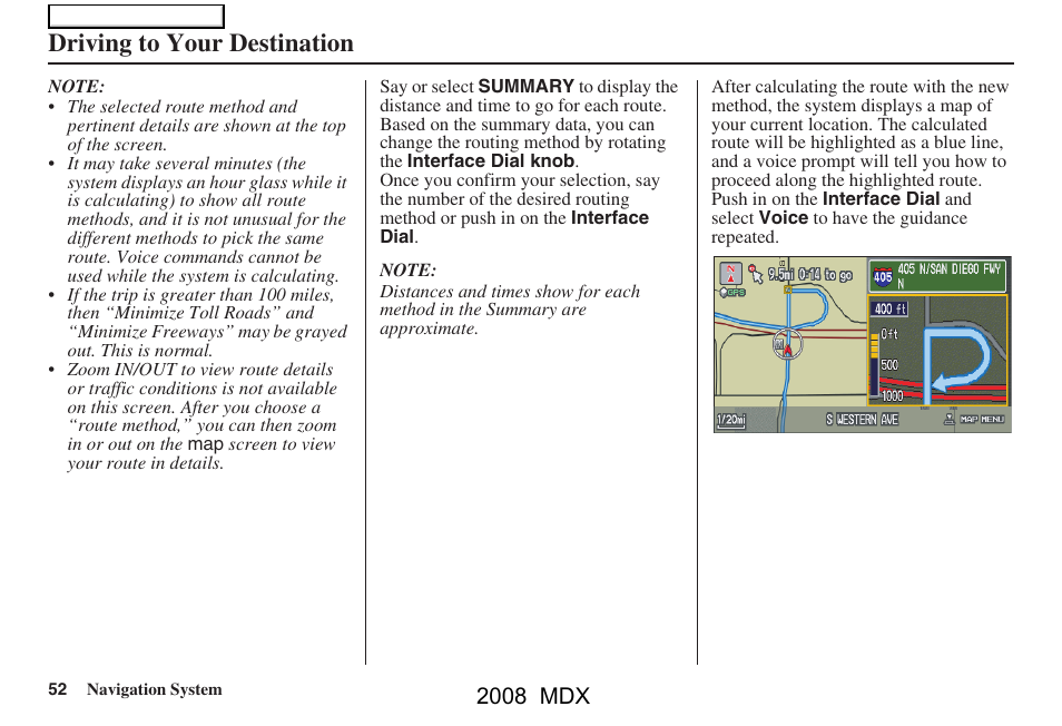 Driving to your destination, 2008 mdx | Acura 2008 MDX Navigation User Manual | Page 52 / 171