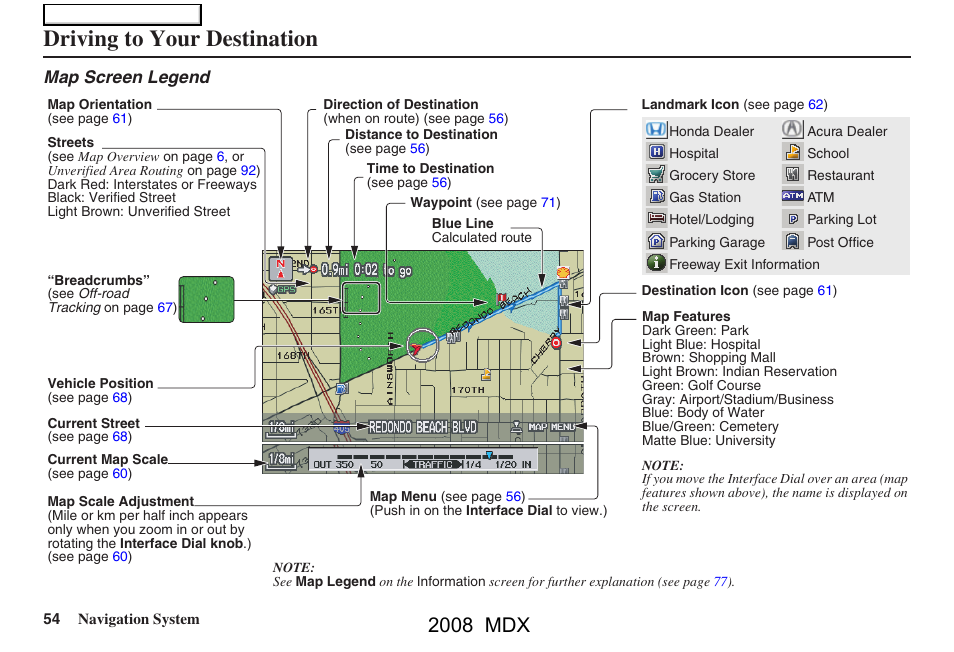 Driving to your destination, 2008 mdx, Map screen legend | Acura 2008 MDX Navigation User Manual | Page 54 / 171