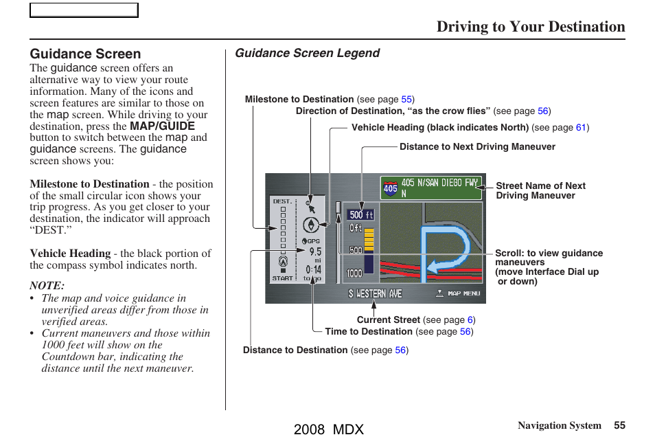 Driving to your destination, 2008 mdx, Guidance screen | Acura 2008 MDX Navigation User Manual | Page 55 / 171