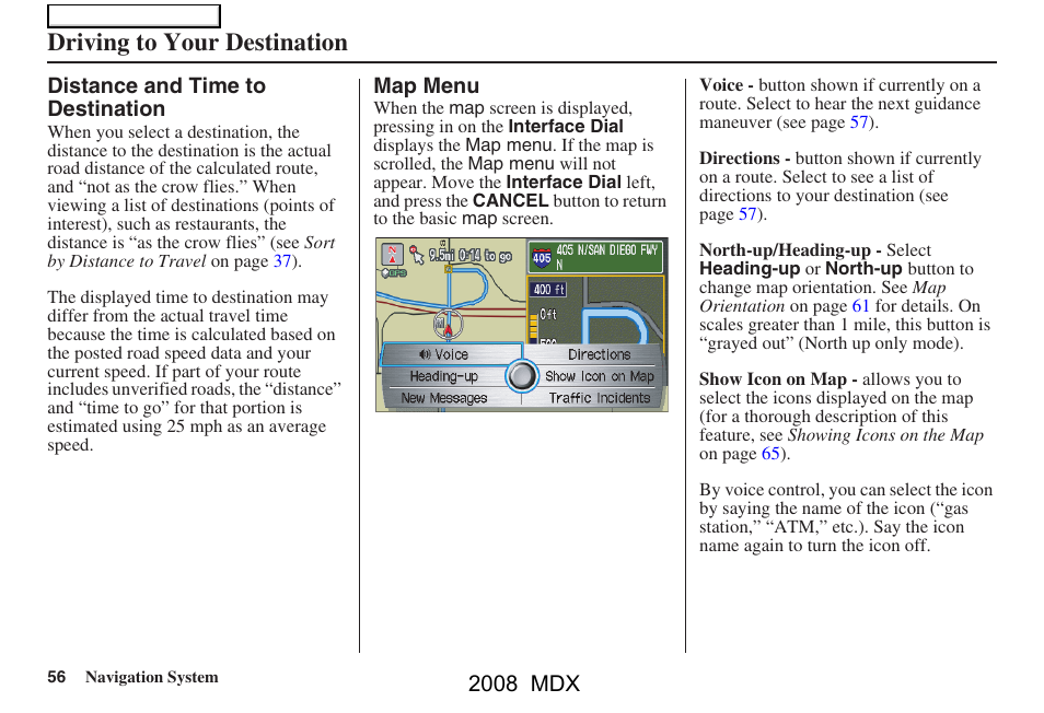 Driving to your destination, 2008 mdx | Acura 2008 MDX Navigation User Manual | Page 56 / 171