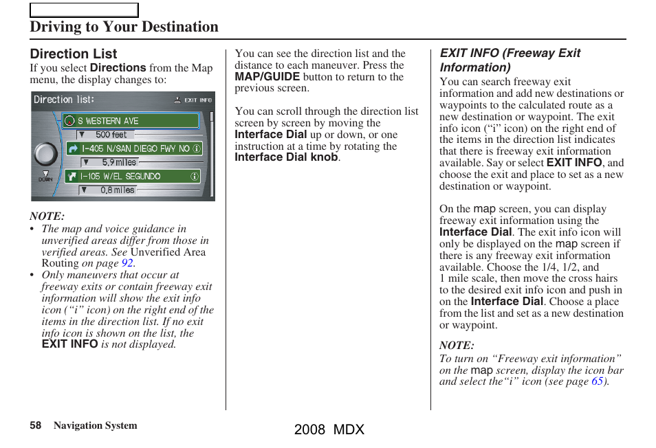 Driving to your destination, 2008 mdx | Acura 2008 MDX Navigation User Manual | Page 58 / 171